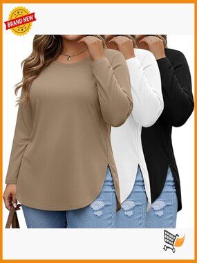 Plus Size Long Sleeve Tunic Tops 3-Pack Crewneck Loose Fit Side Slit